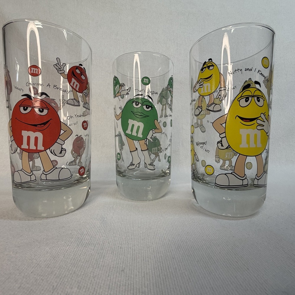 M&M Drinking Glasses Mars Green Yellow Red Retro Vintage Candy - Lot Of 3 - Picture 2 of 7